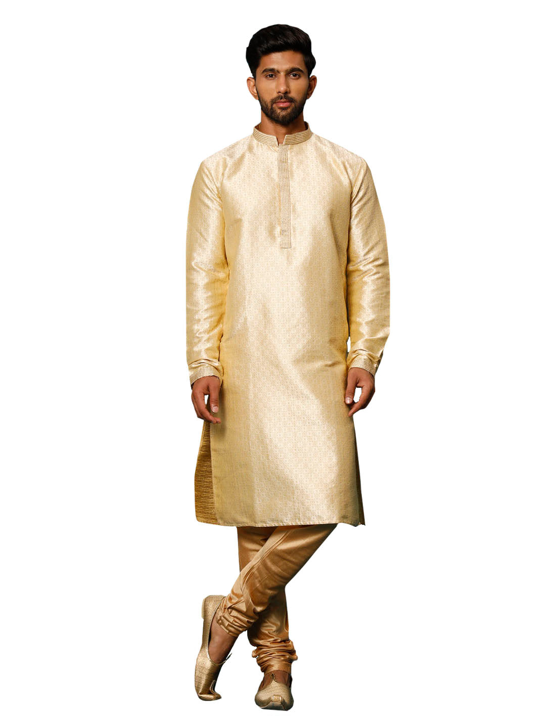 Men's Gold And Rose Gold Silk Blend Kurta Pyjama Set