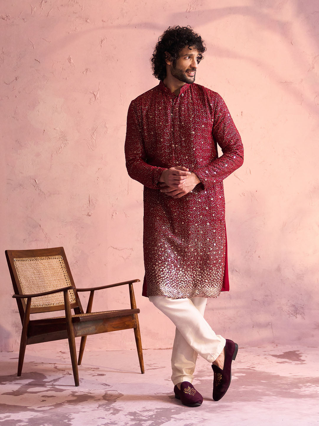 Men's Maroon And Cream Georgette Kurta Pyjama Set