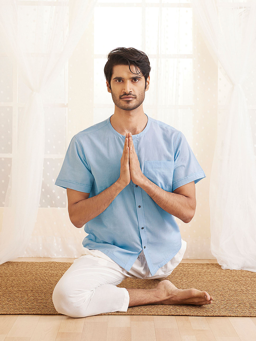 Men's Aqua Cotton Short Kurta