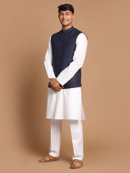 Men's Navy Blue And White Pure Cotton Jacket, Kurta and Pyjama Set