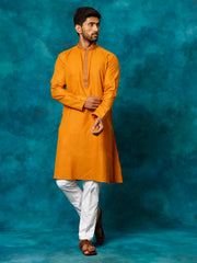 Men's Rust And White Cotton Blend Kurta Pyjama Set