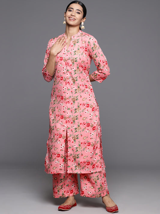 Women Pink Floral Printed Straight Kurta Paired With Tonal Printed Bottom