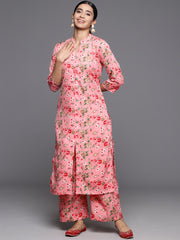 Women Pink Floral Printed Straight Kurta Paired With Tonal Printed Bottom