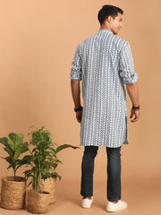 Men's White And Blue Cotton Kurta