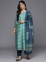 Women Blue Floral Printed Kurta, Round Neck Straight Kurta Paired With Tonal Bottom And Printed Dupatta.