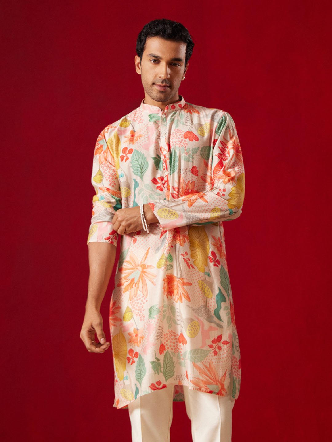 Men's Multi color Base Pink Cotton blend Kurta