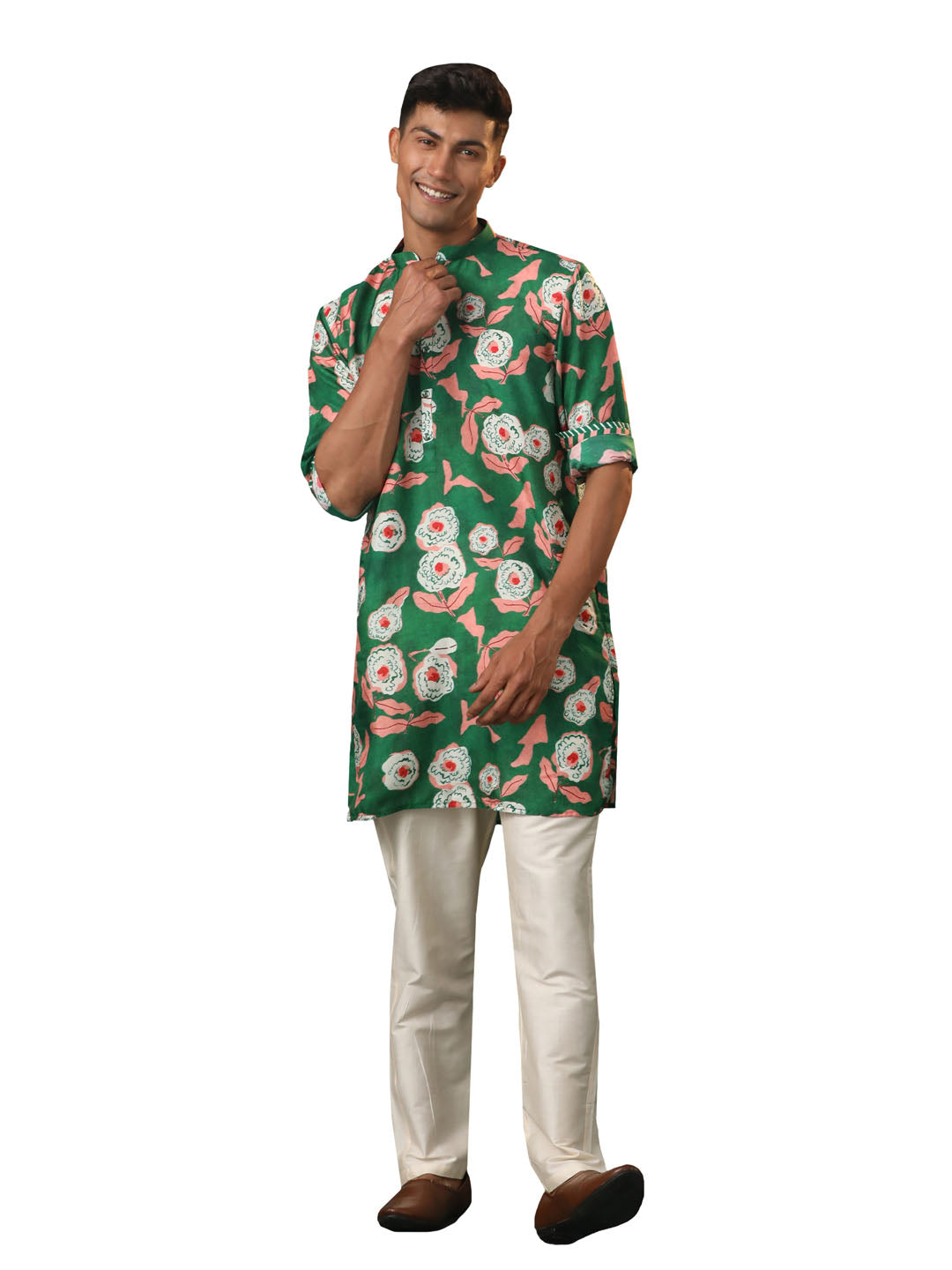 Men's Green And Cream Cotton Blend Kurta Pyjama Set