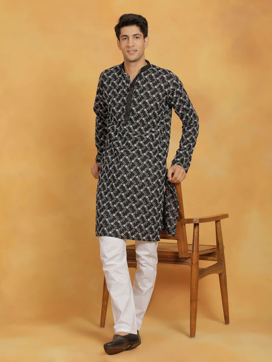 Men's Black And White Cotton Kurta And Pyjama Set