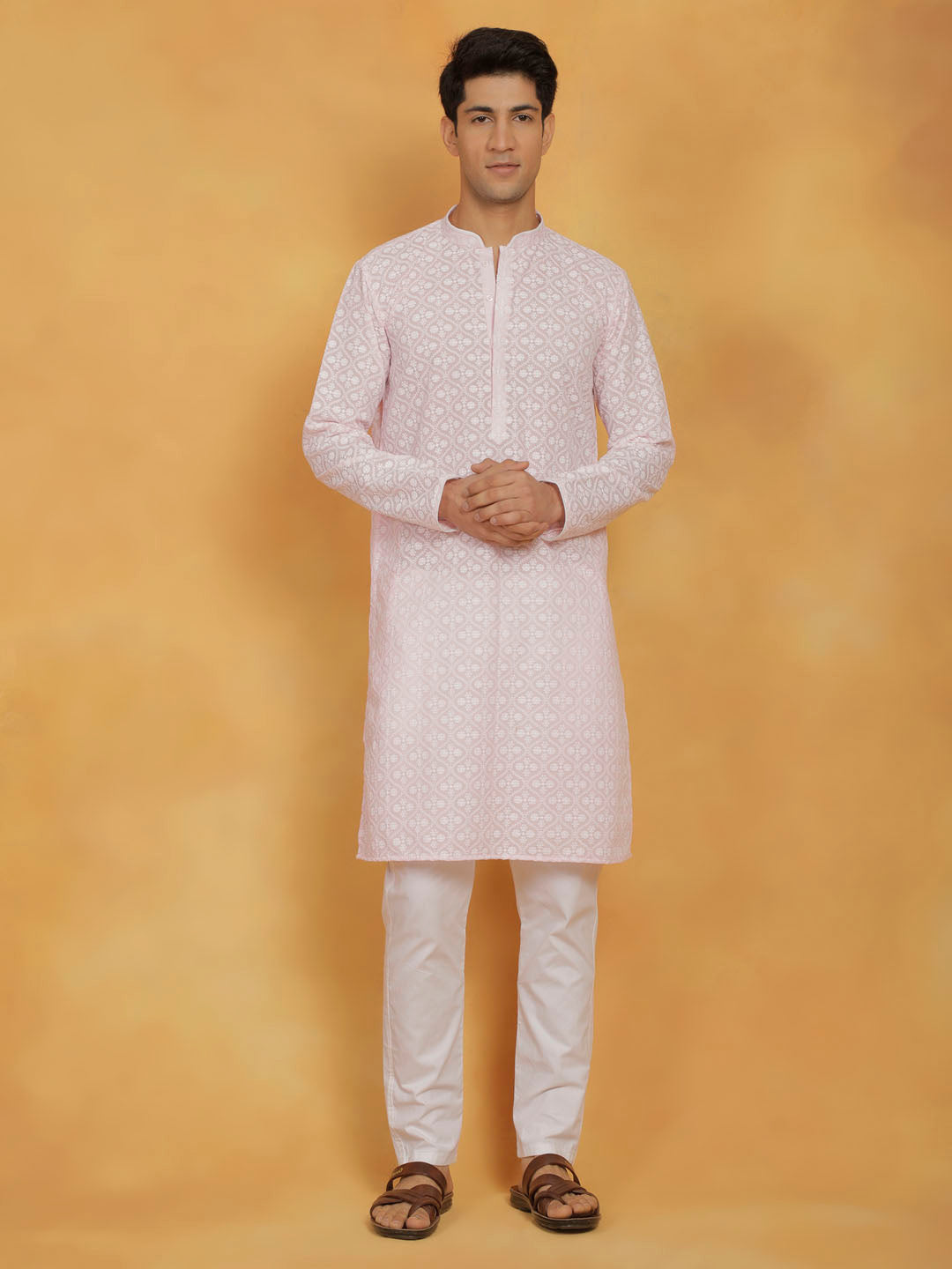 Men's Pink And White Cotton Kurta And Pyjama Set