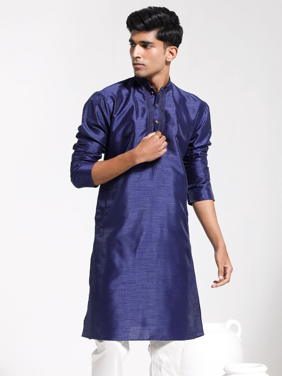 Men's Navy Blue Dupion Silk Kurta