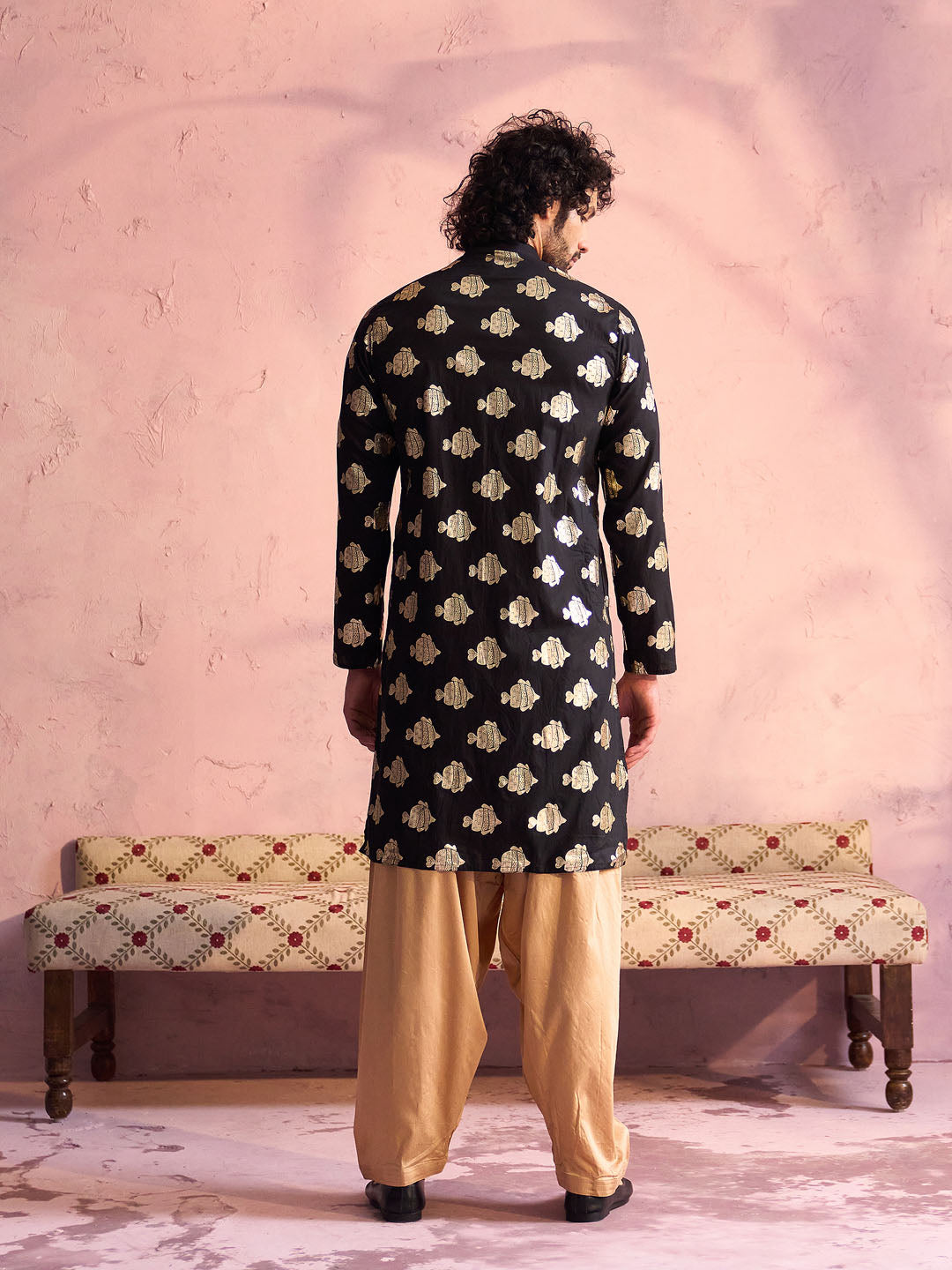 Men's Black And Rose Gold Viscose Kurta and Patiala Set