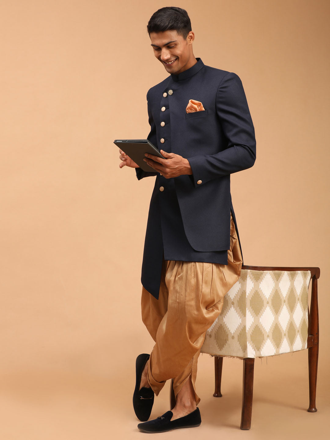 Men's Navy Blue Cotton Blend Sherwani Only Top