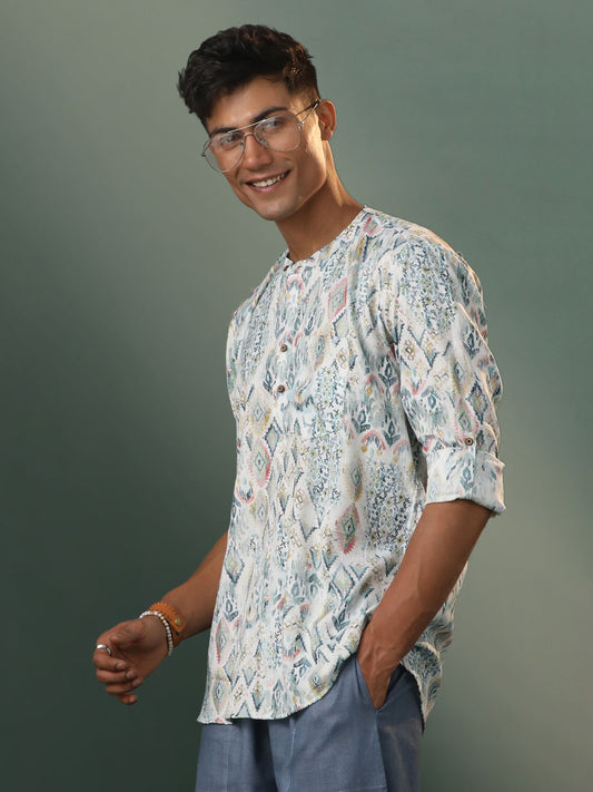 Men's Multicolor Base White Cotton Short Kurta