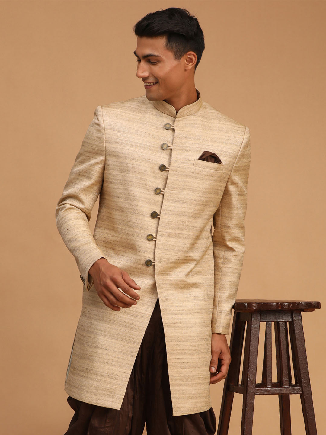 Men's Beige Silk Blend Sherwani Only Top