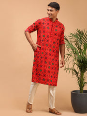 Men's Red Cotton Blend Kurta