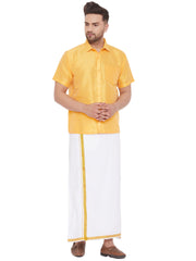 Men's Yellow and White Silk Blend Shirt And Mundu