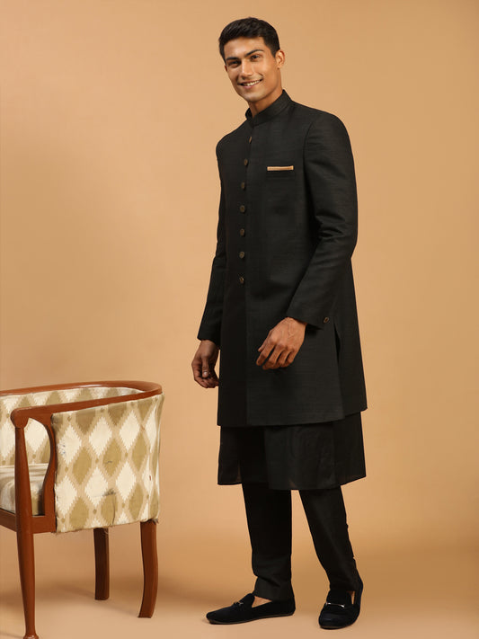 Men's Black Viscose Sherwani Set