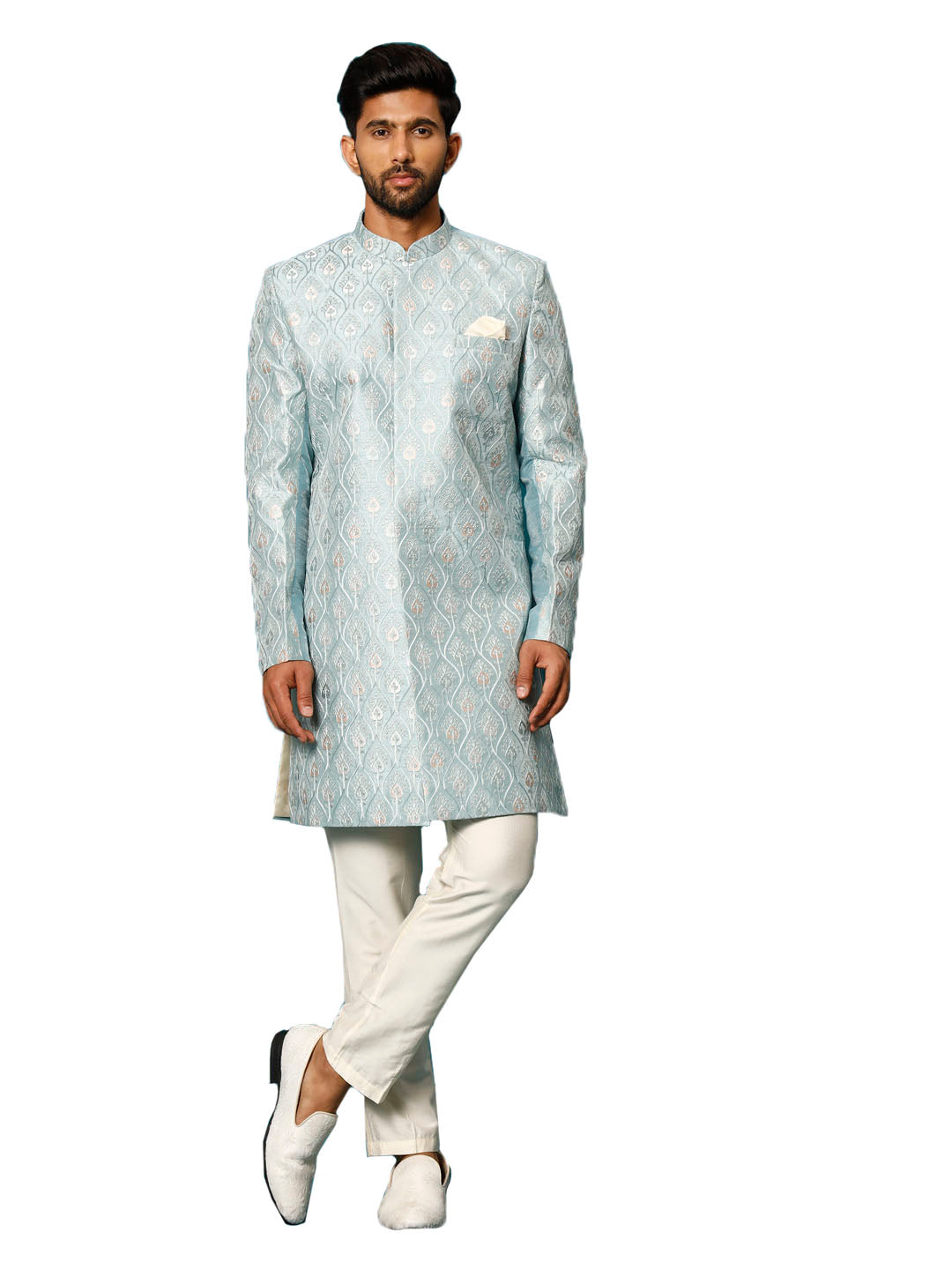 Men's Mint Green And Cream Silk Blend Sherwani Set