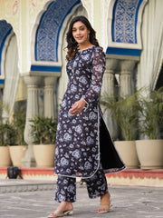 Women Black  Kota Check Floral Printed Kurta With Bottom