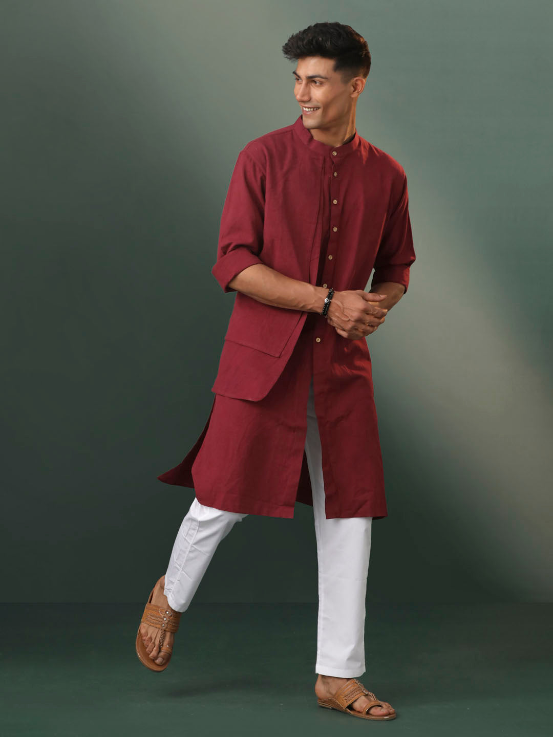 Men's Wine And White Cotton Kurta Pyjama Set