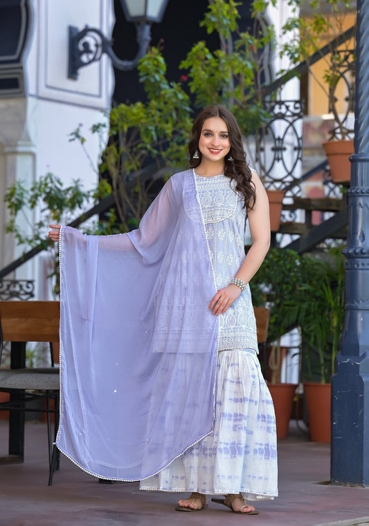 Women Lavender Thread Work Embroidered Straight Kurta With Sharara And Dupatta