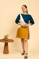 Color Block Viscose Cotton A-Line Short Dress with Pockets