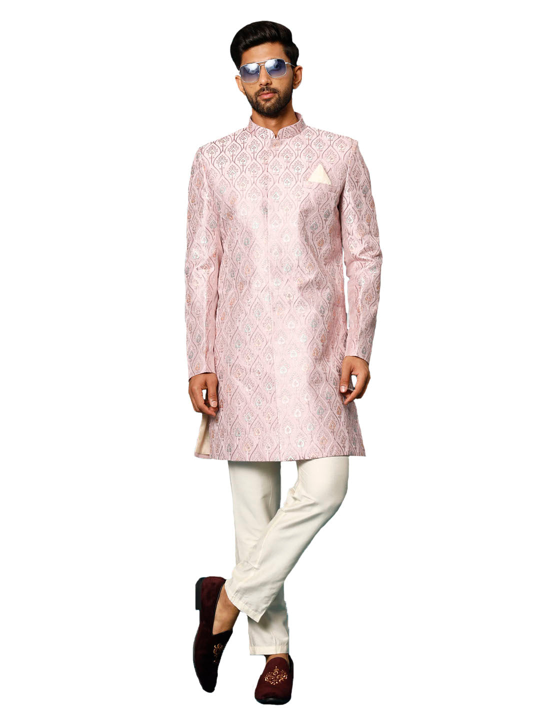 Men's Purple And Cream Silk Blend Sherwani Set