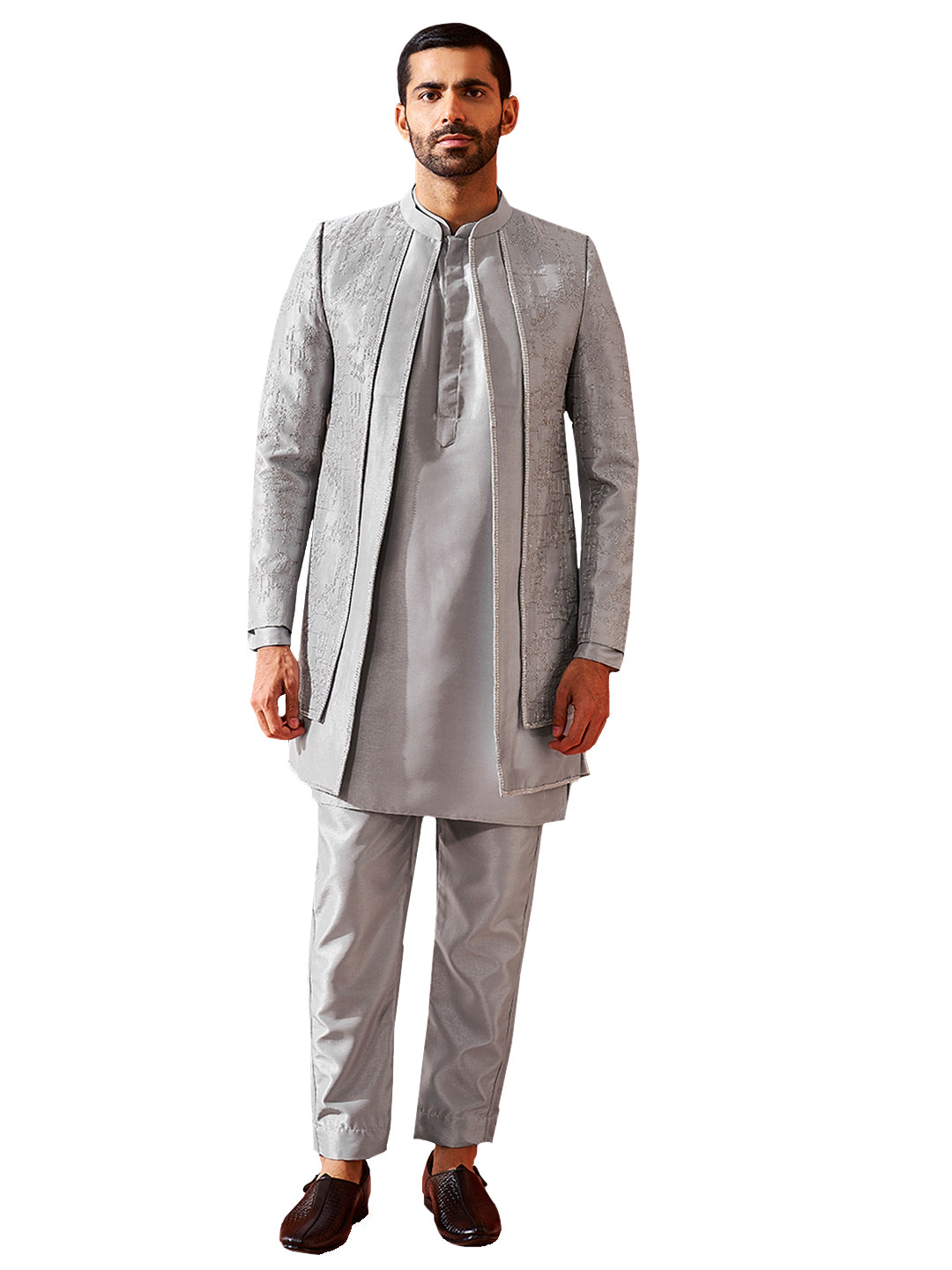 Men's Silver Silk Blend Sherwani Set