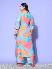 Kalini Women Blue And Rust Abstract Printed Shirt Collar A-Line Kurta Paired With Tonal Bottom