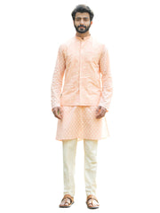 Men's Peach And Cream Cotton Jacket, Kurta and Pyjama Set