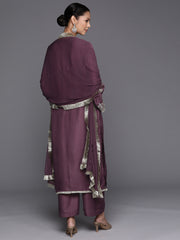 mauve V-neck yoke embroidered straight kurta with fringes hem paired with tonal bottom and tonal dupatta with fringes