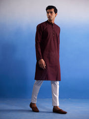 Men's Maroon And White Pure Cotton Kurta Pyjama Set