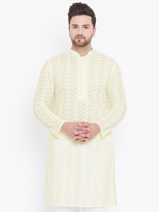 Men's Yellow and White Cotton Kurta