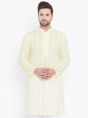 Men's Yellow and White Cotton Kurta