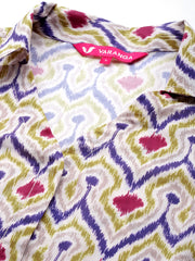 Women Off White Ikat Printed Shirt Collar Straight Kurta  Paired With Violet Solid Bottom.