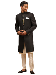 Men's Black And Cream Viscose Sherwani Set