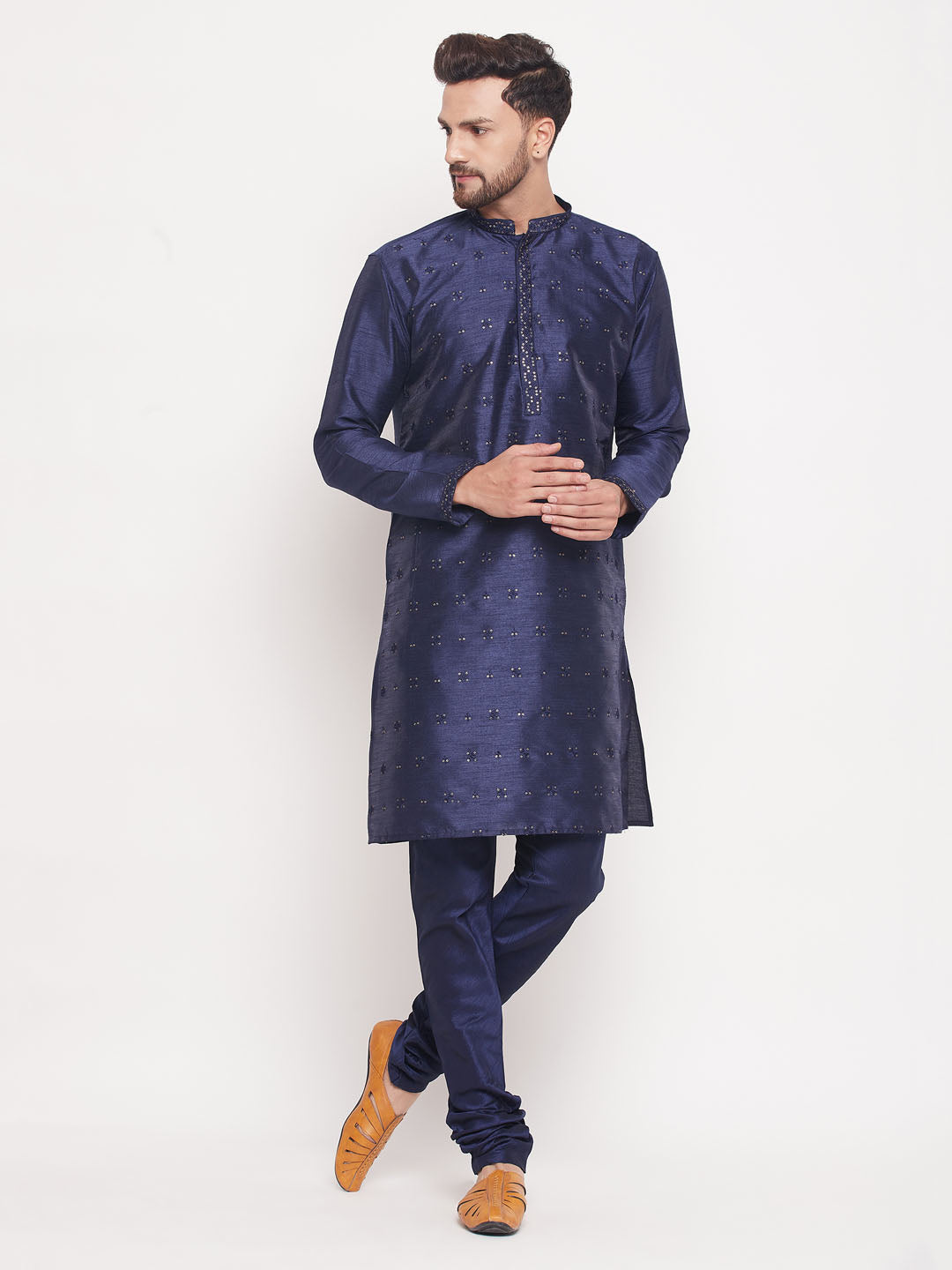 Men Navy Blue Silk Blend Kurta