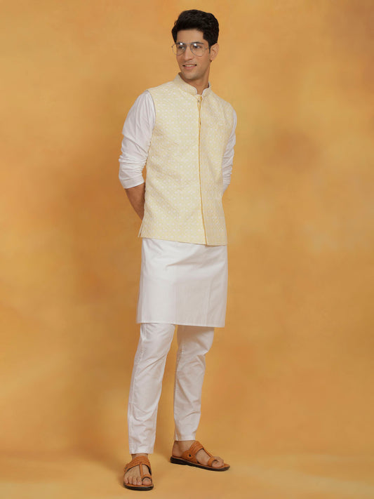 Men's White And Yellow Cotton Silk Jacket, Kurta and Pyjama Set