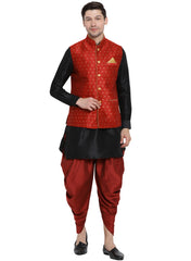 Men's Black Silk Blend Jacket, Kurta and Dhoti Set