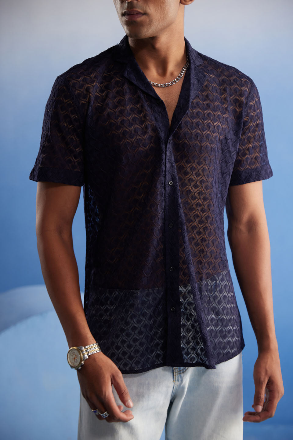 Men's Blue Net Ethnic Shirt