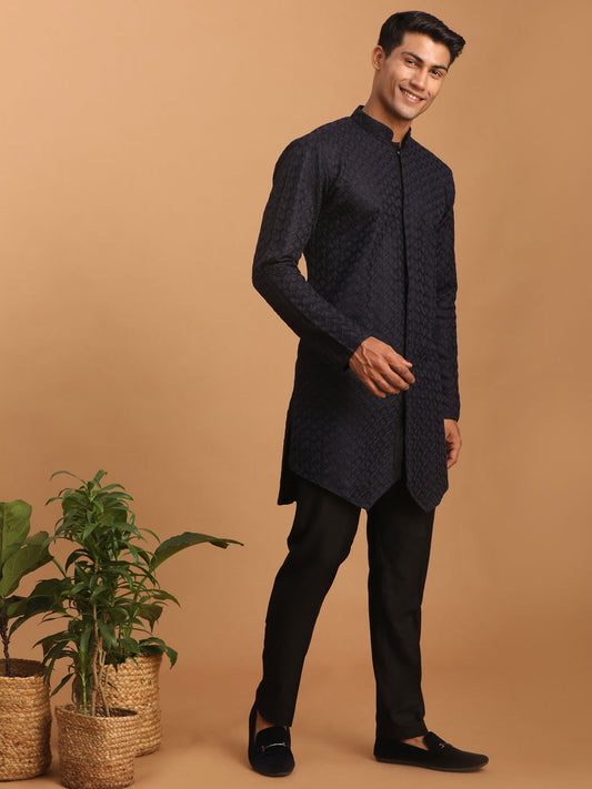 Men's Navy Blue And Black Silk Blend Kurta Pyjama Set