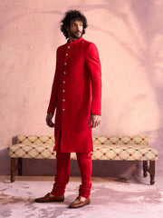 Men's Red Moonga silk Sherwani Set