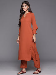 Women Rust Long  Sleeves With Smart Cut Cuff, Straight Kurta Paired With Tonal Solid Bottom