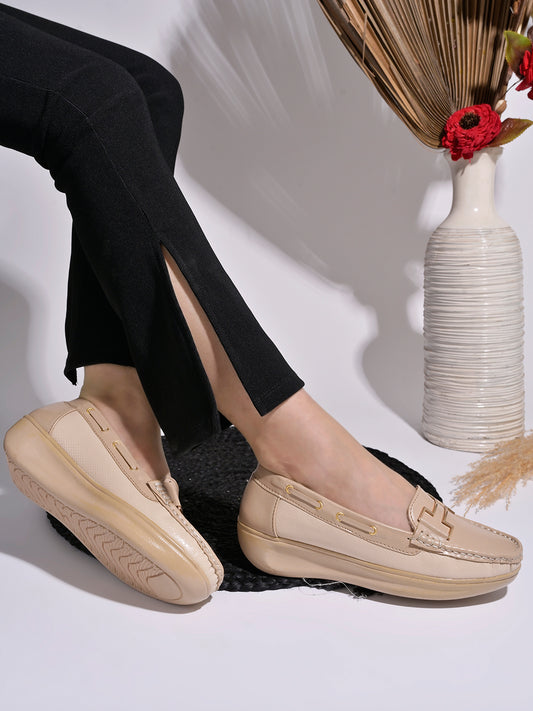 Shoetopia upper Buckle Detailed Beige Loafers For Women & Gilrs