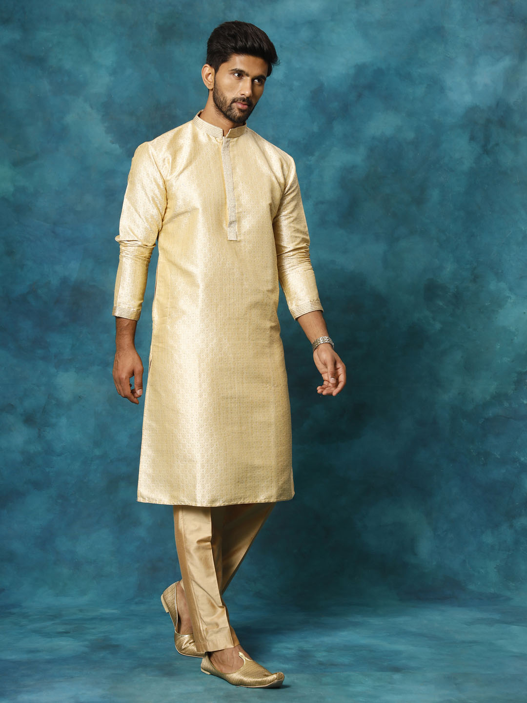 Men's Gold And Rose Gold Silk Blend Kurta Pyjama Set