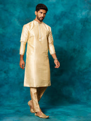 Men's Gold And Rose Gold Silk Blend Kurta Pyjama Set