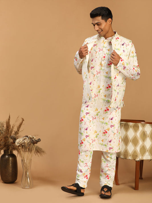 Men's Cream Cotton Blend Jacket, Kurta and Pyjama Set