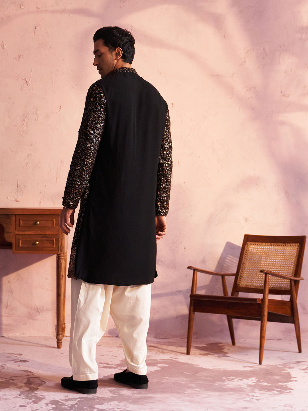 Men's Black And Cream Georgette Kurta and Patiala Set