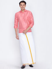 Men's Pink and White Silk Blend Shirt And Mundu