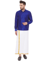 Men's Blue and White Silk Blend Shirt And Mundu